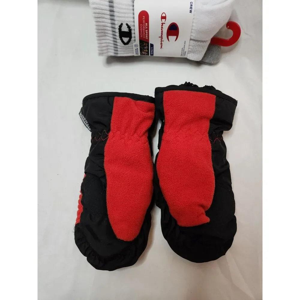 Champion Kids Socks 3‑Pack Small 10K–4Y + Hot Fingers Mittens Red
